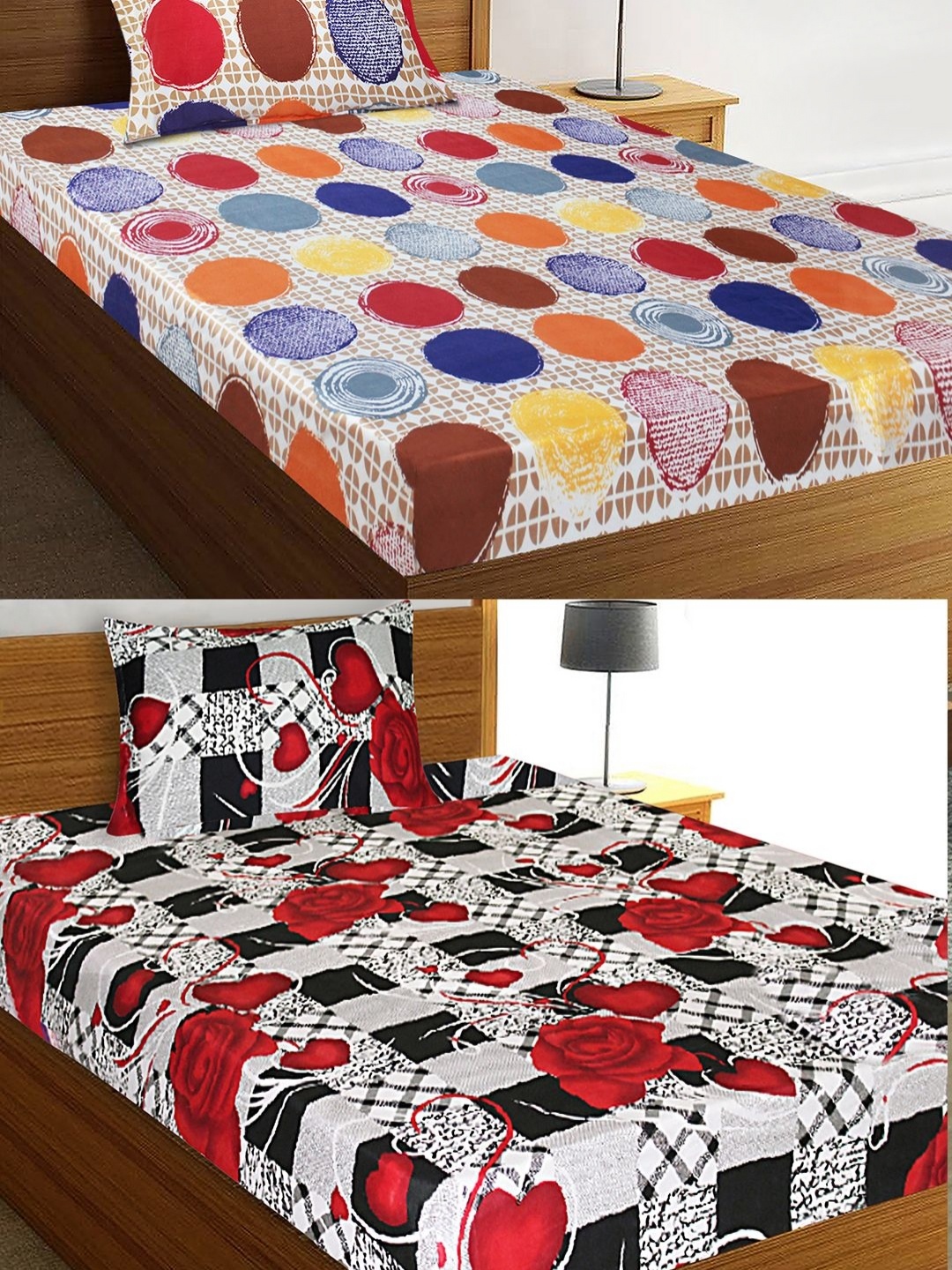 

Aura White & Red 4 Pieces Geometric 144 TC Microfiber Single Bedsheet with Pillow Covers