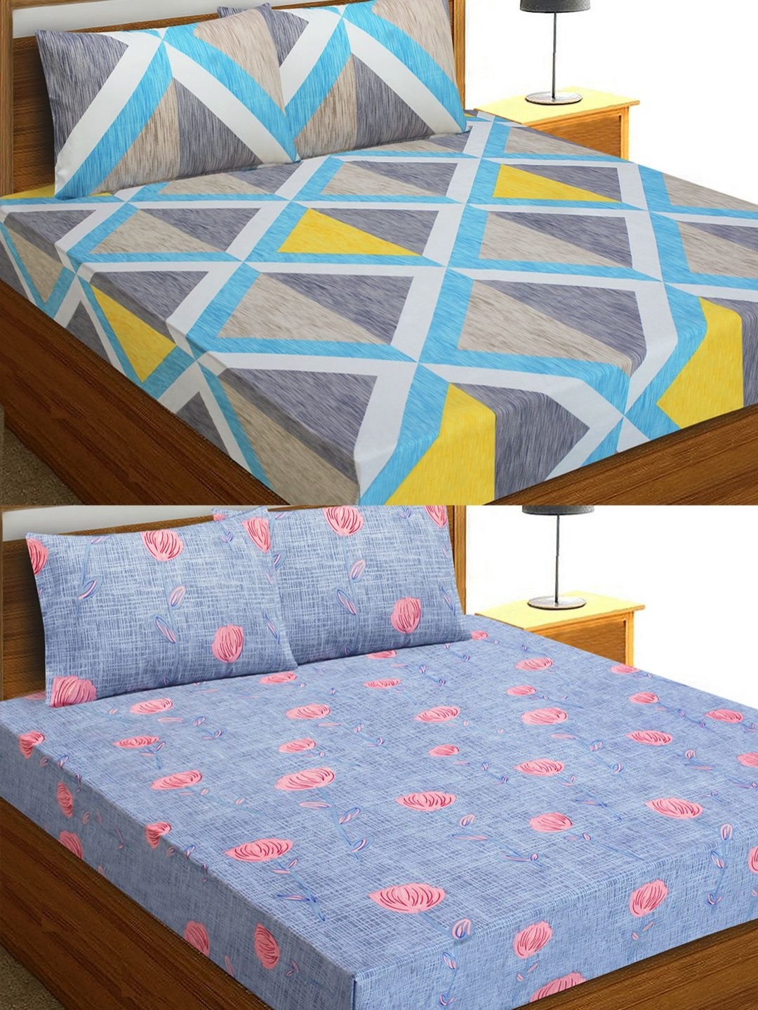 

Aura Pink & Blue 6 Pieces Floral Microfiber 144 TC Queen Bedsheets with Pillow Covers