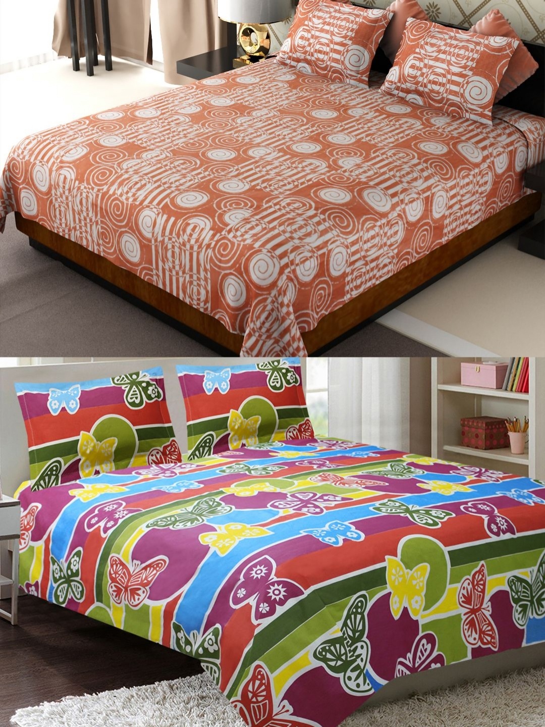 

Aura Blue & Purple 6 Pieces Floral Printed Cotton 144 TC Queen Bedsheet with Pillow Covers