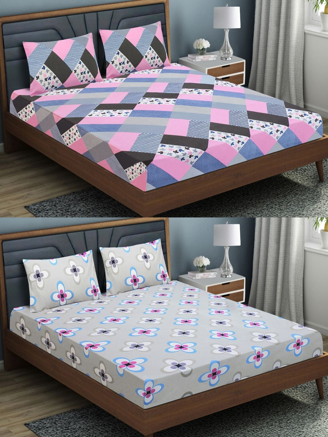 

Aura Blue Printed 144 TC Microfiber Fitted 2 Double Queen Bedsheet & 4 Pillow Covers