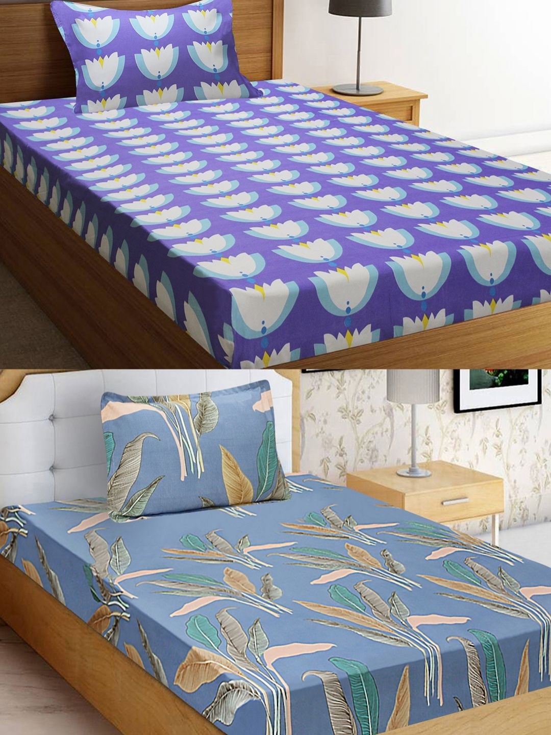 

Aura Blue & White Floral Printed 144 TC Microfiber 2 Single Bedsheet & 2 Pillow Covers