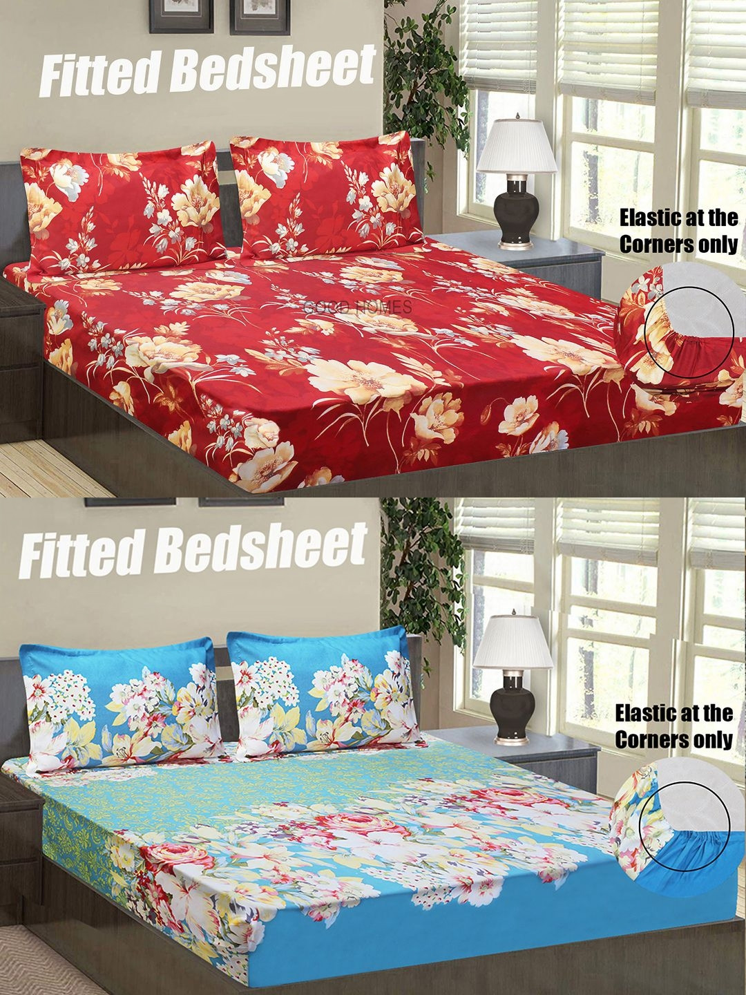 

Aura Red & Blue Printed Microfiber 144 TC 2 Queen Fitted Bedsheet With 4 Pillow Covers