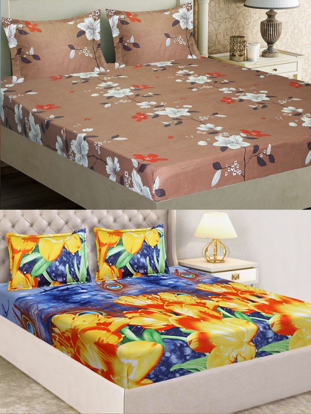 

Aura Brown Floral Printed Microfiber 160 TC 2 Queen Bedsheets With 4 Pillow Covers