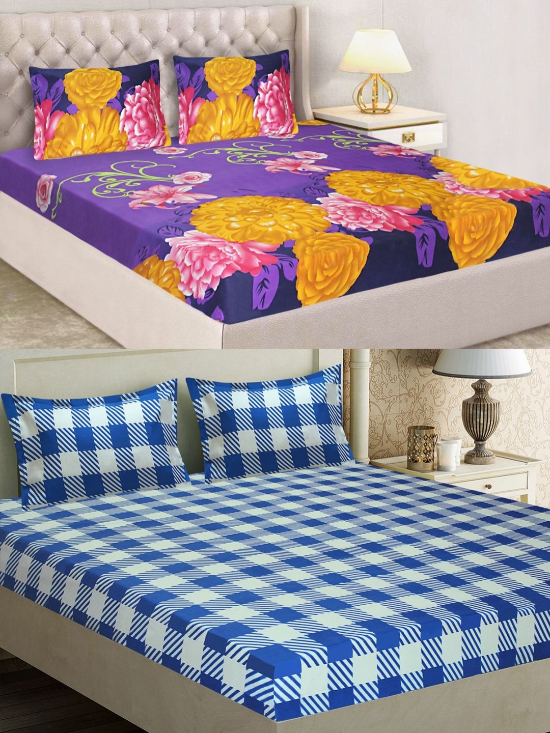 

Aura Yellow & Blue Floral 144 TC Microfiber 2 Queen Bedsheet with 4 Pillow Covers