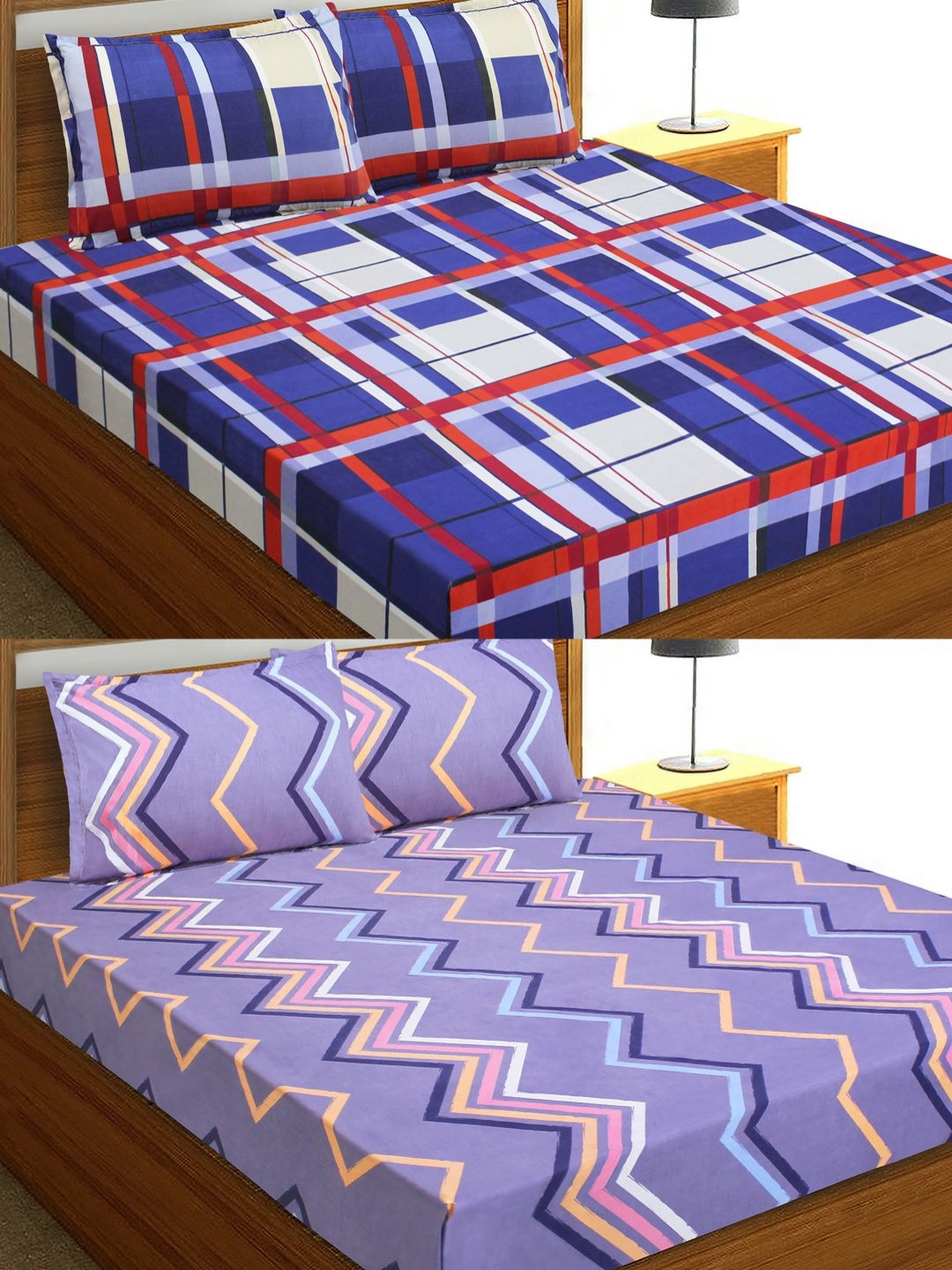 

Aura Purple 6 Pieces Geometric 144 TC Microfiber Queen Bedsheet & Pillow Covers