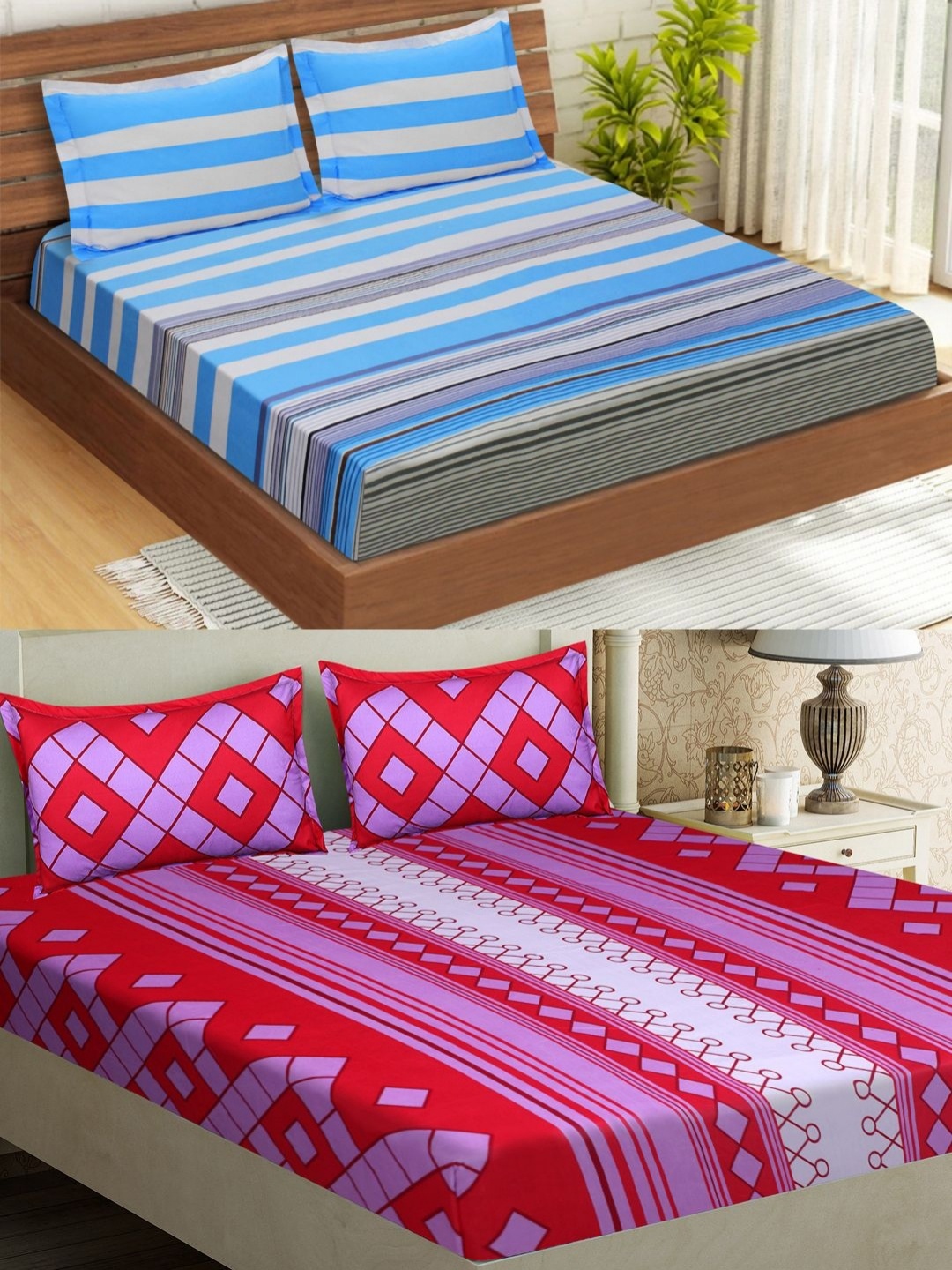 

Aura Blue & Red Geometric 160 TC Microfiber 2 Queen Bedsheet with 4 Pillow Covers