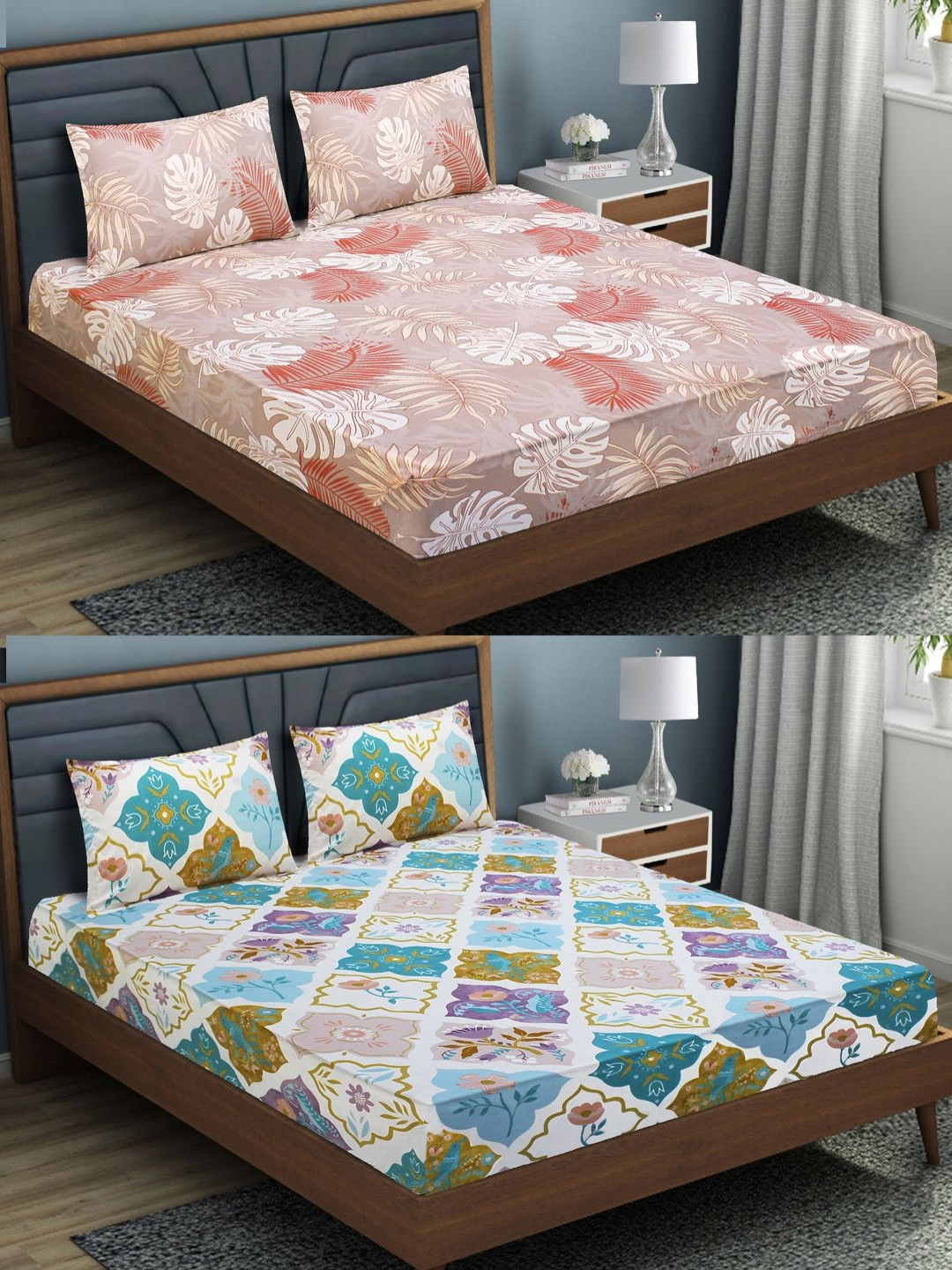 

Aura White & Pink Floral 144 TC 2 Queen Bedsheet with 4 Pillow Covers