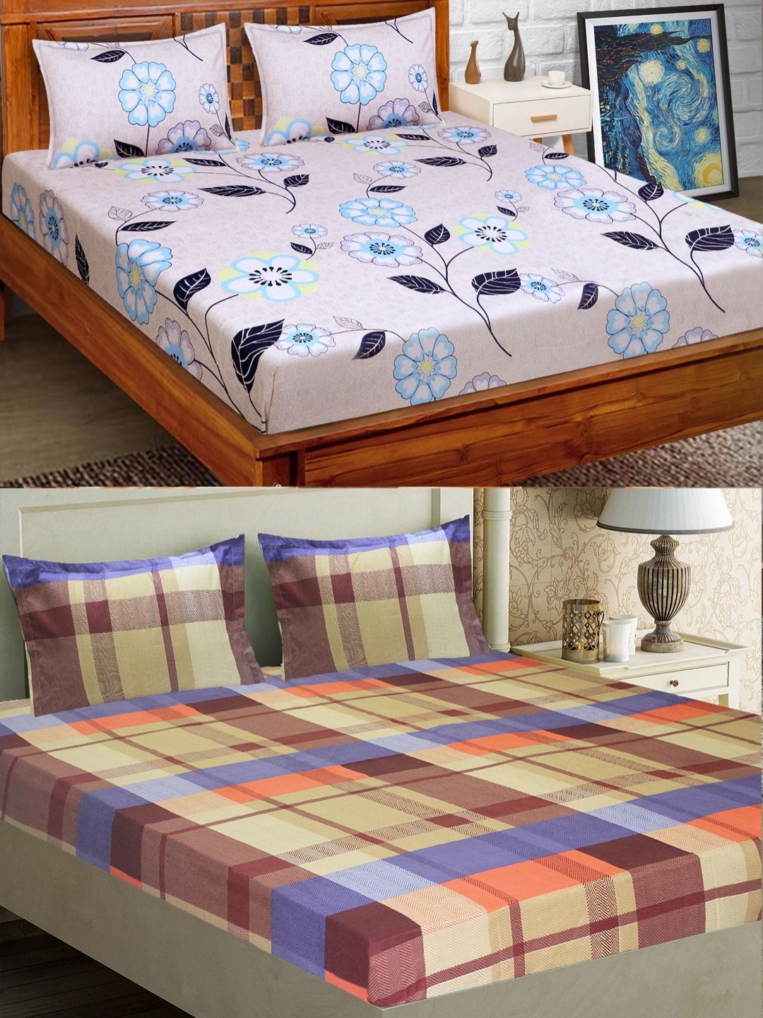 

Aura Blue & Pink 6 Pieces Floral Microfiber 160 TC Queen Bedsheet with Pillow Covers