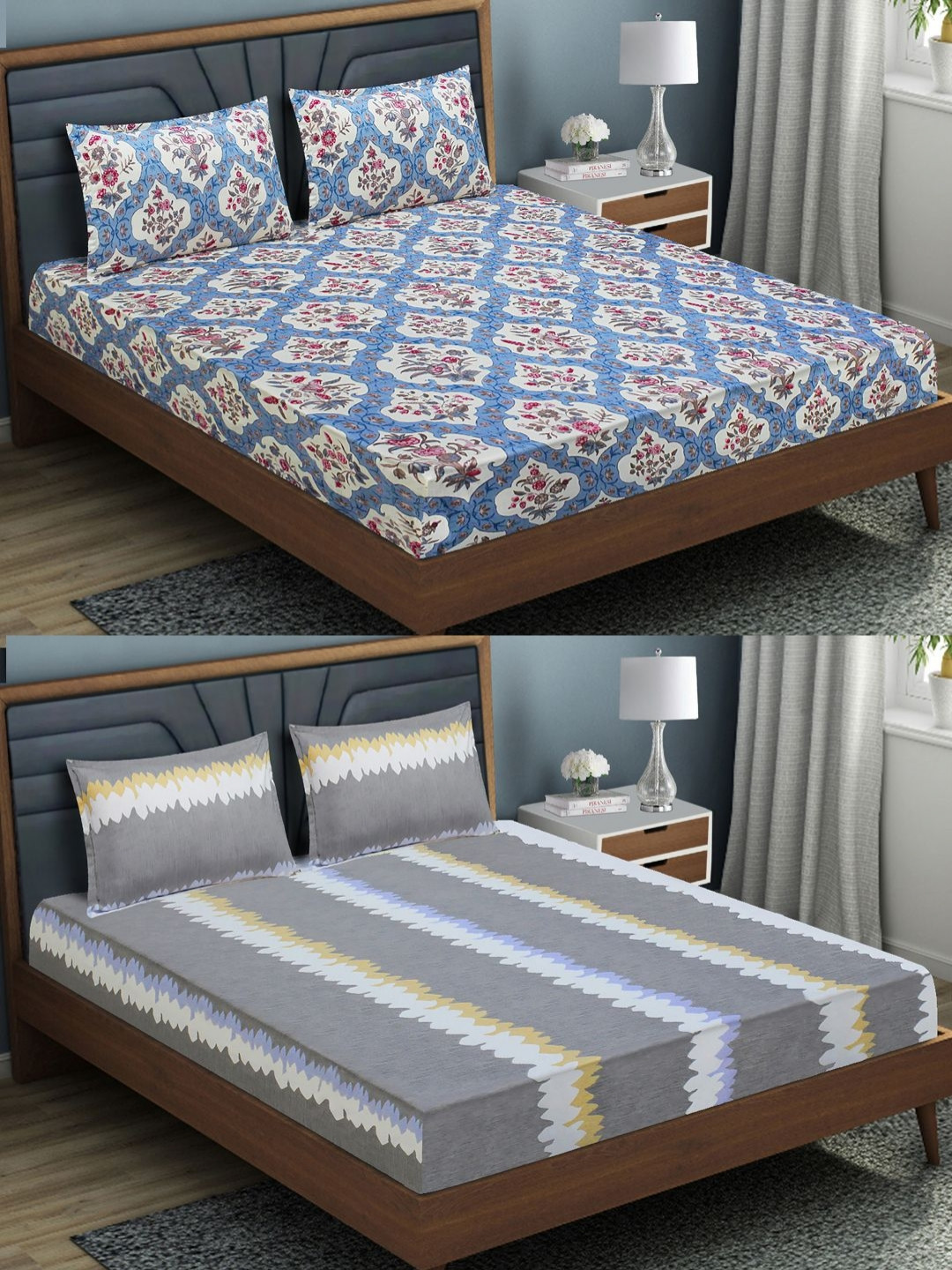 

Aura Grey & White Floral 144 TC Fitted 2 Queen Bedsheet with 4 Pillow Covers