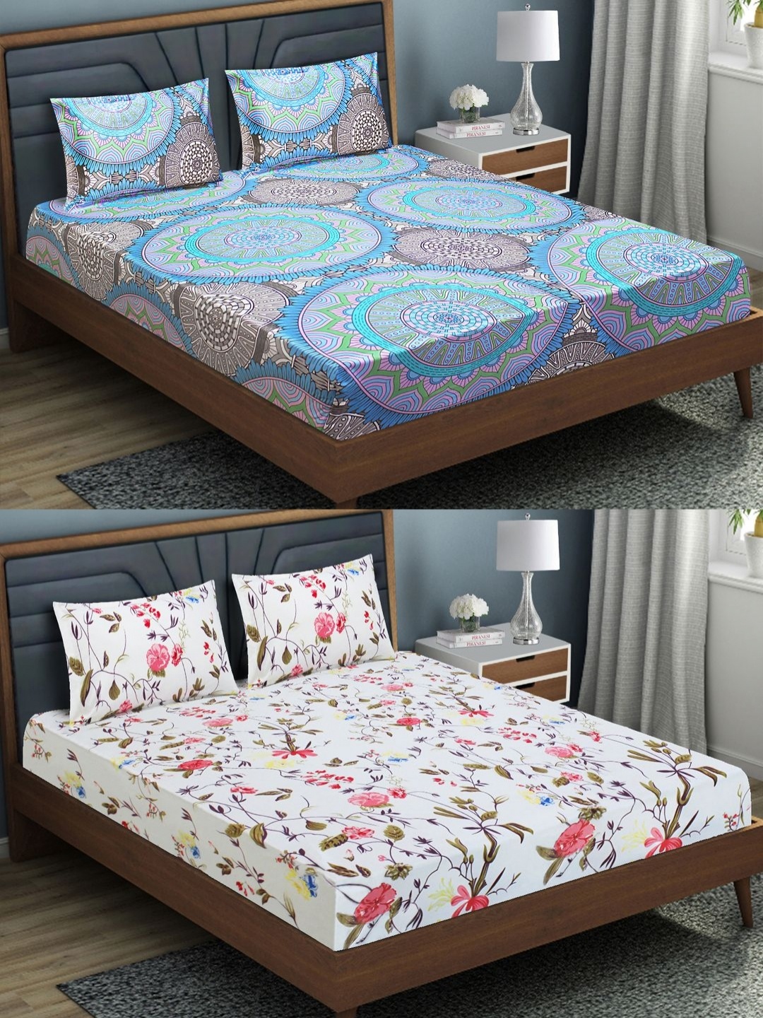 

Aura White 6 Pieces Floral 144 TC Microfiber Fitted Queen Bedsheet & Pillow Covers