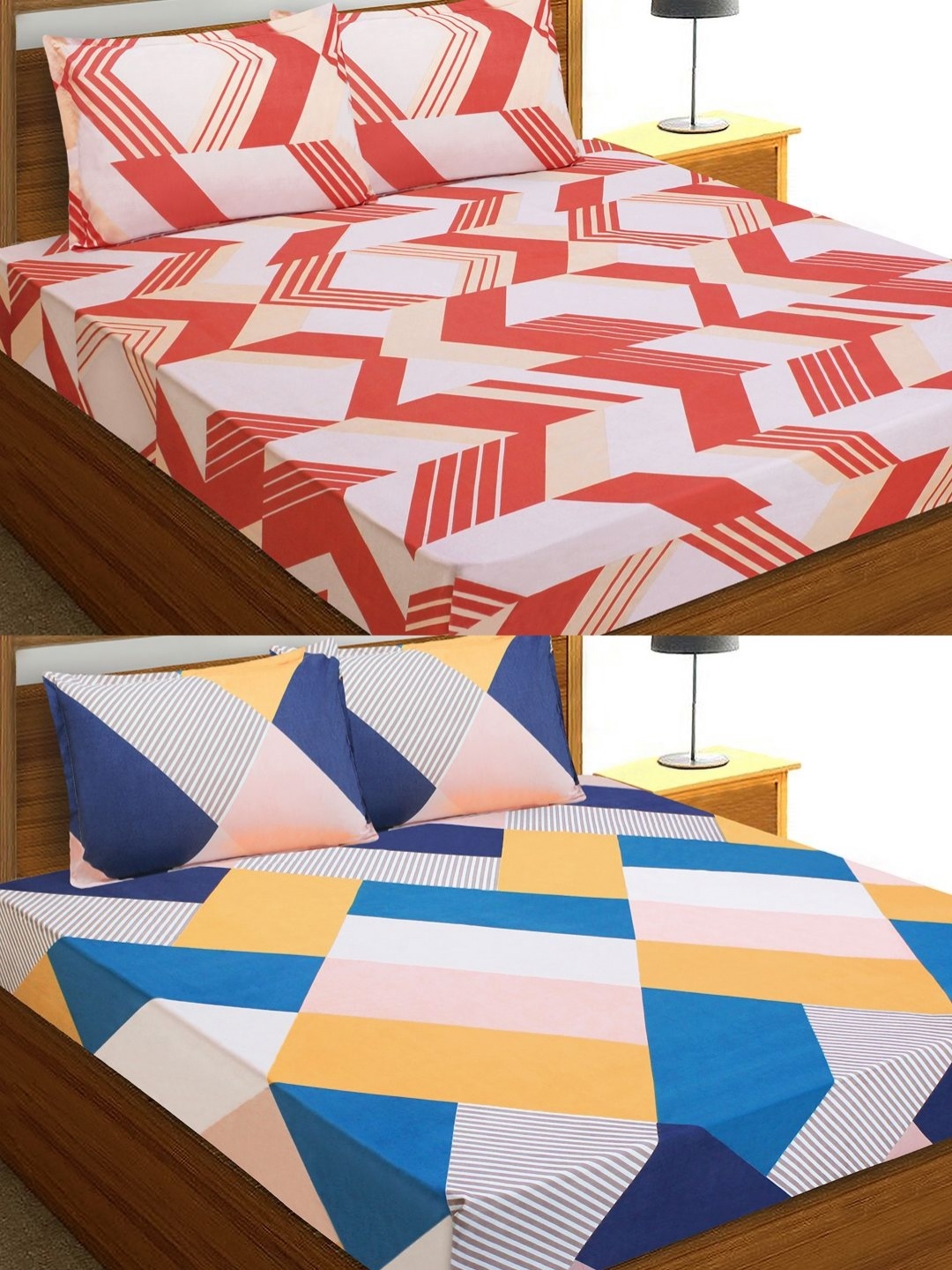 

Aura Red & Blue Geometric 144 TC Microfiber 2 Queen Bedsheet with 4 Pillow Covers