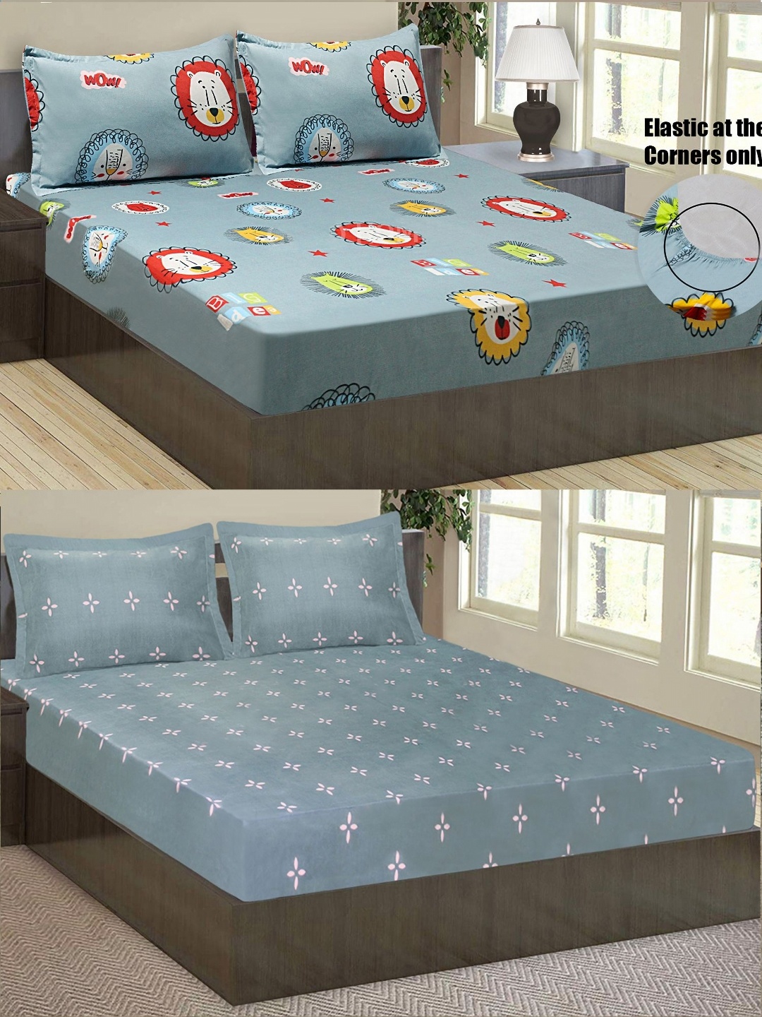 

Aura Grey & White Printed Microfiber 144 TC 2 Queen Fitted Bedsheet With 4 Pillow Covers