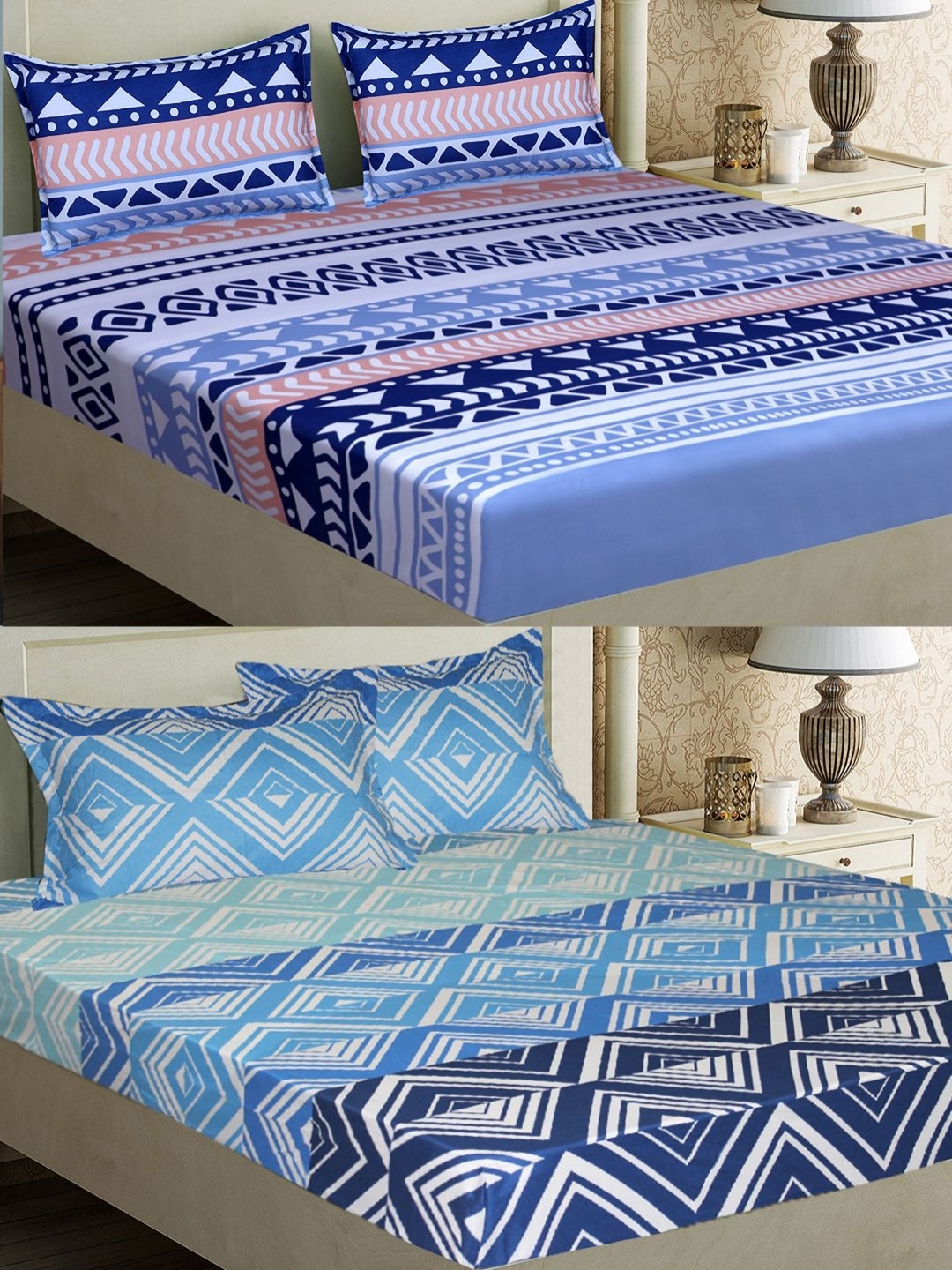 

Aura Blue & White Geometric 144 TC 2 Queen Bedsheet with 4 Pillow Covers