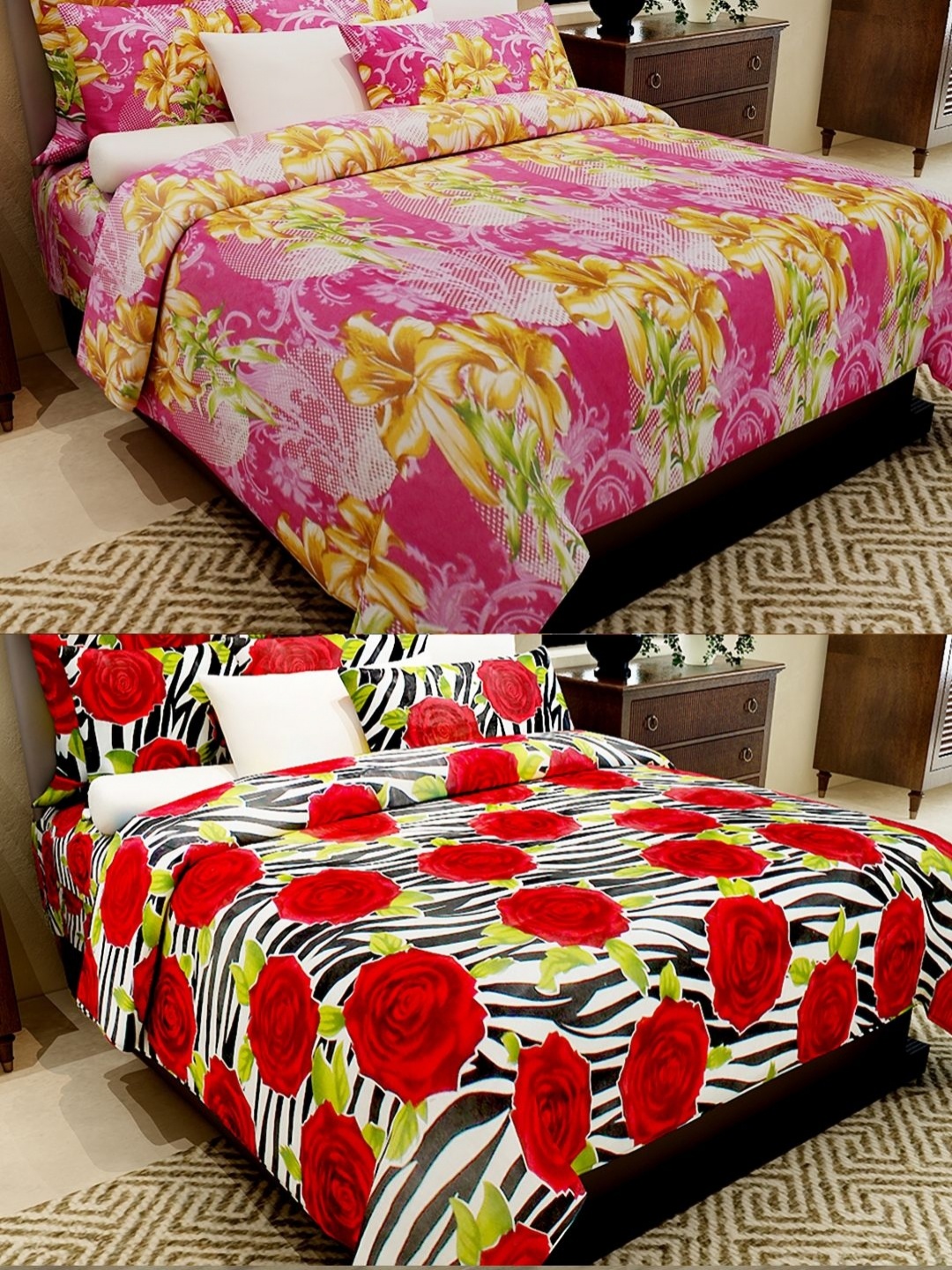 

Aura Pink & Red Floral 144 TC 2 Queen Bedsheet with 4 Pillow Covers