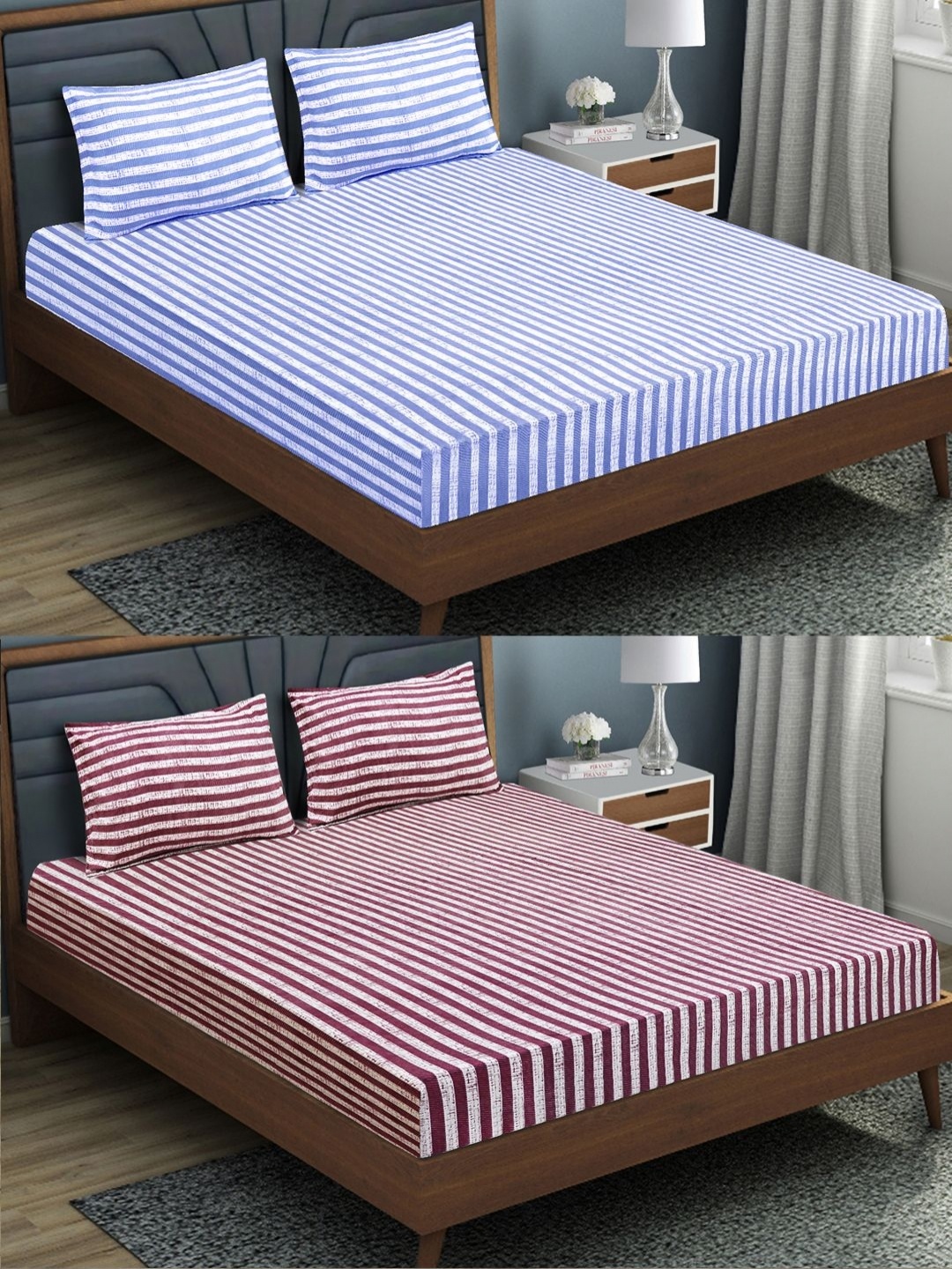 

Aura Blue & Purple Striped Microfiber 144 TC 2 Queen Bedsheet with 4 Pillow Covers
