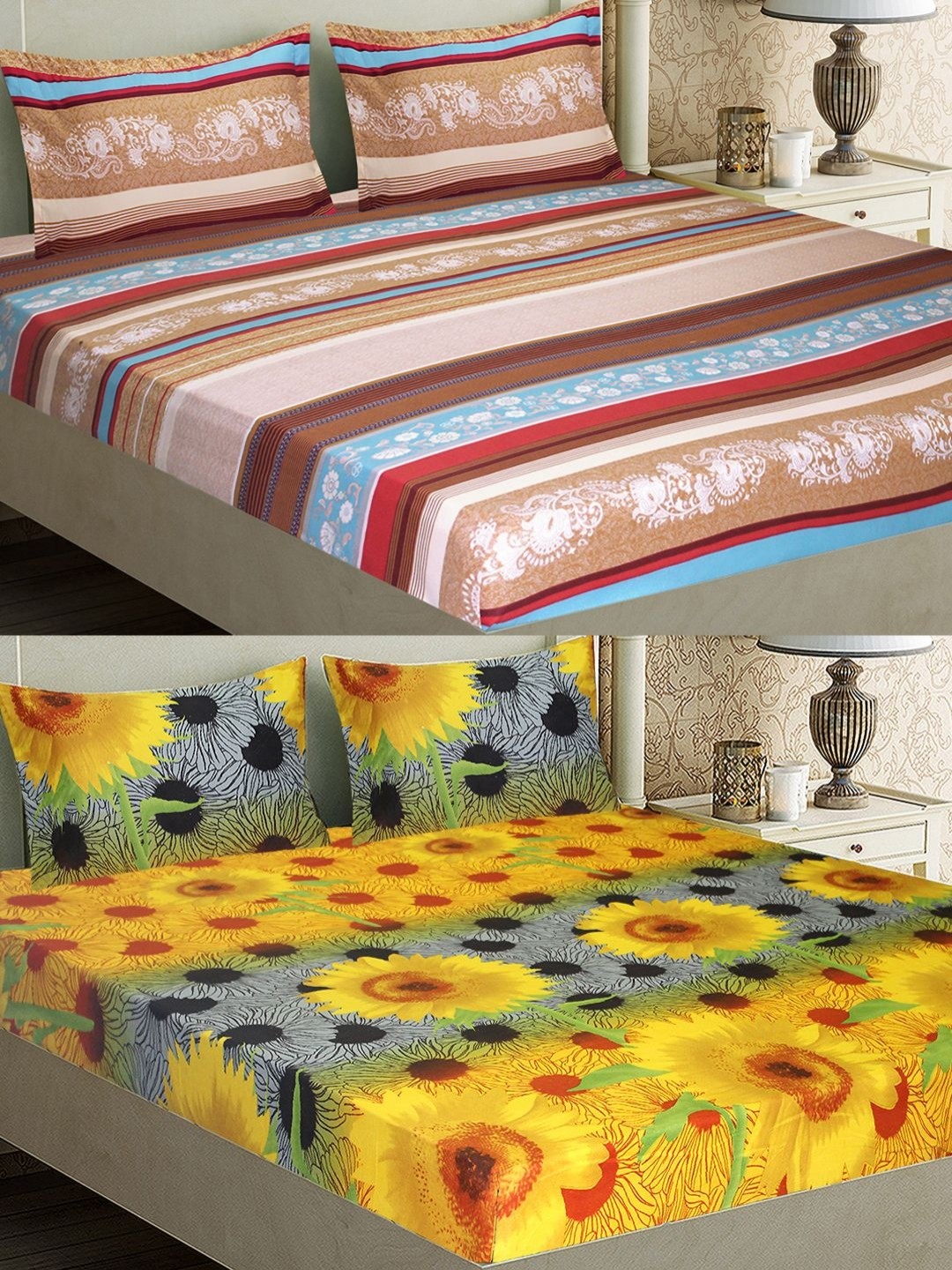 

Aura Yellow & Blue Floral Printed Microfiber 144 TC 2 Queen Bedsheet With 4 Pillow Covers