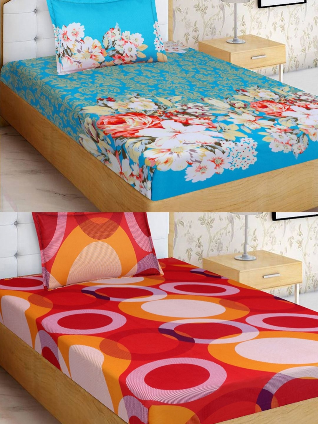 

Aura Orange & Blue 4 Pieces Floral Microfiber 160 TC Single Bedsheet with Pillow Covers