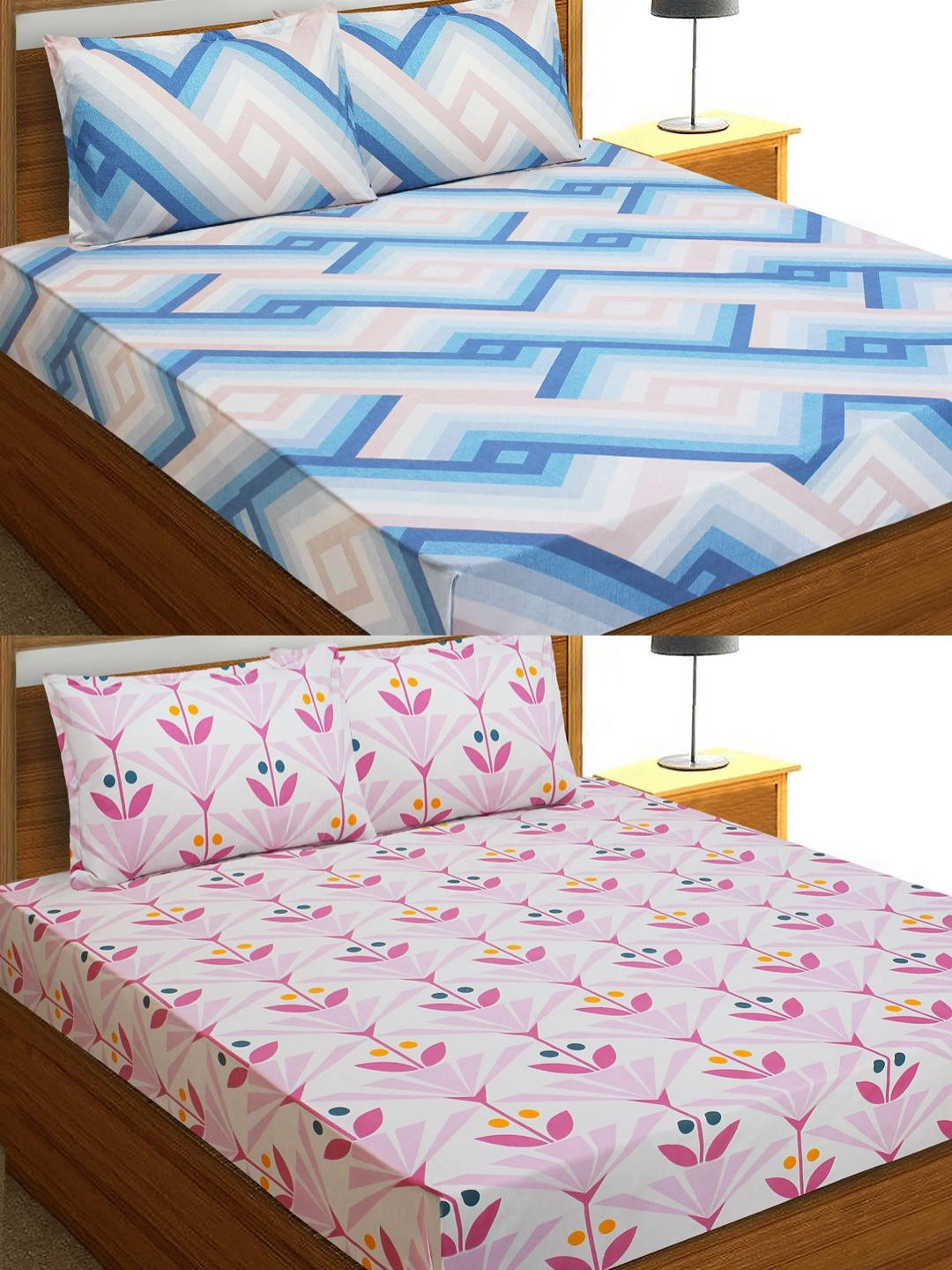

Aura Blue & Pink Floral Printed Microfiber 144 TC 2 Queen Bedsheets With 4 Pillow Covers