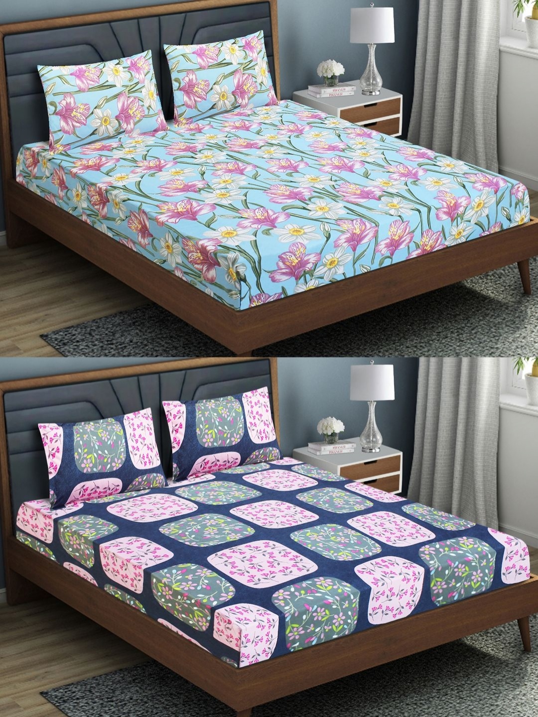 

Aura Grey & Blue Floral Fitted Microfiber 144 TC Queen Bedsheet with Pillow Covers