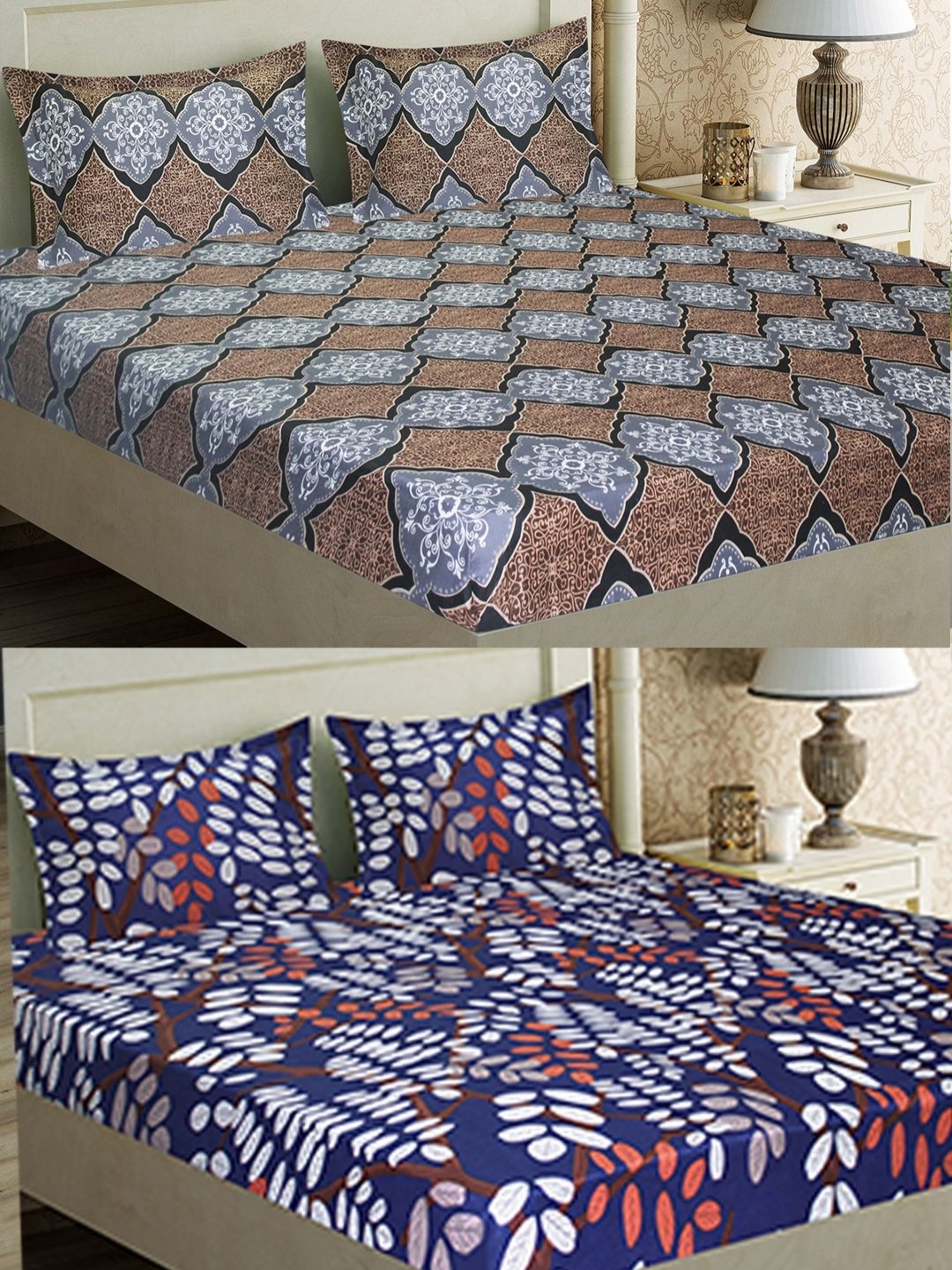

Aura Brown & White Floral 144 TC 2 Queen Bedsheet with 4 Pillow Covers