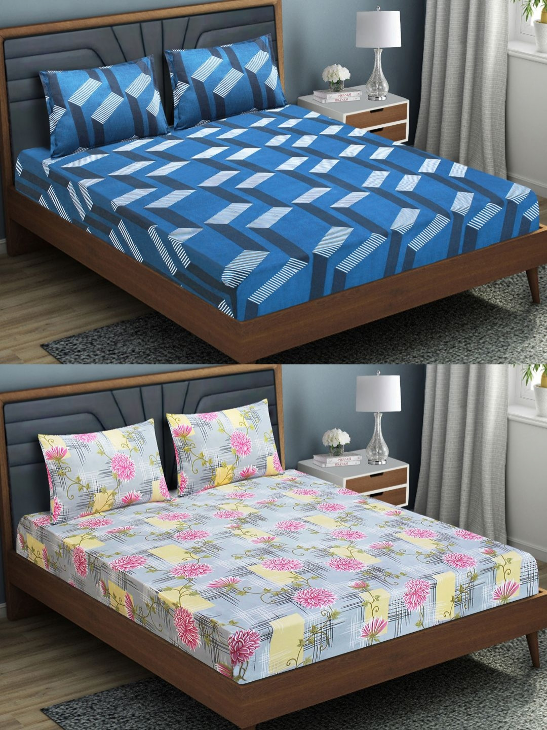 

Aura Blue & White 4 Pieces Floral Microfiber 144 TC 2 Queen Bedsheet with Pillow Covers