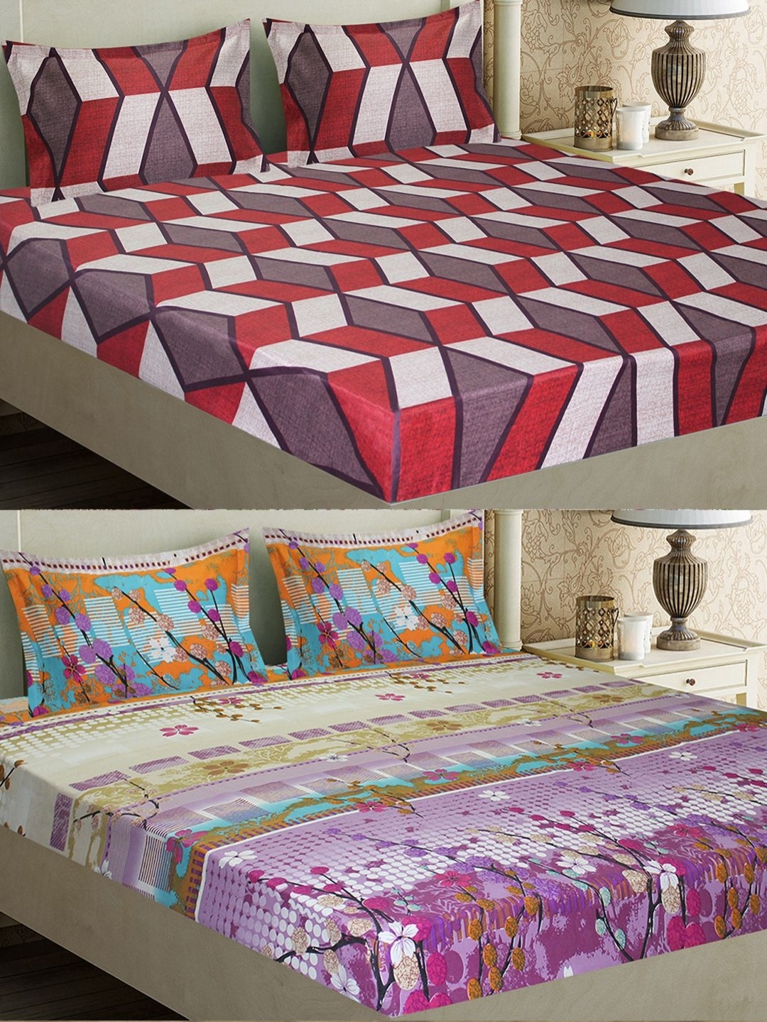 

Aura Red & Purple Geometric 144 TC 2 Queen Bedsheet with 4 Pillow Covers