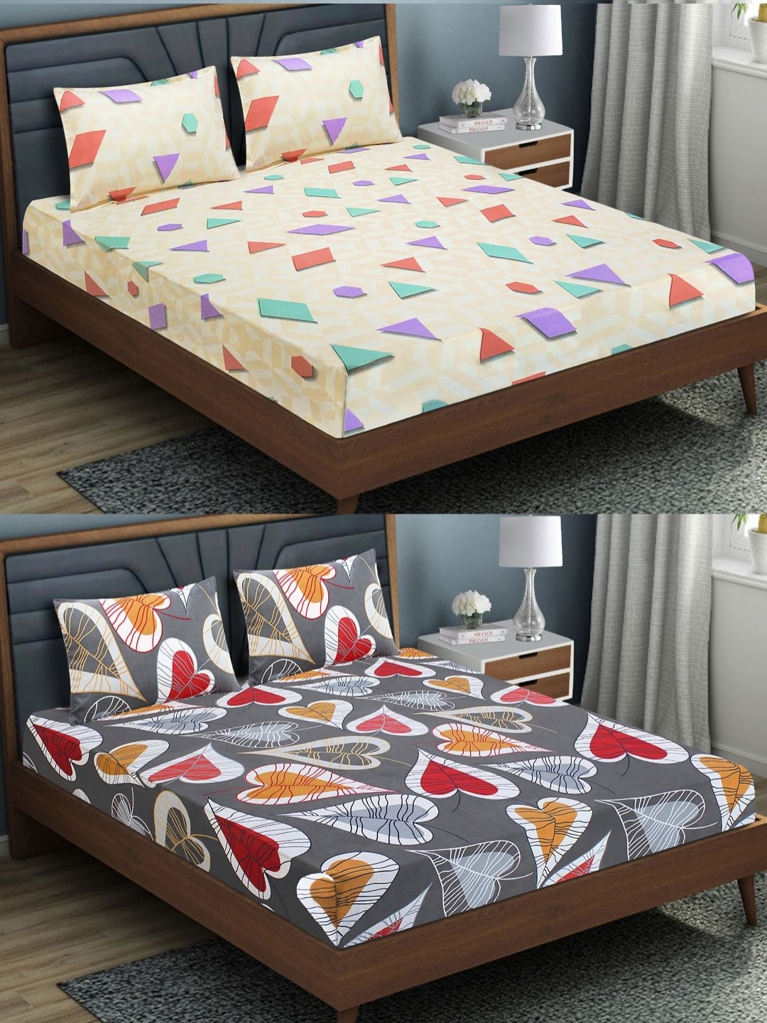 

Aura White 6 Pieces Geometric Fitted Microfiber 144 TC Queen Bedsheet with Pillow Covers