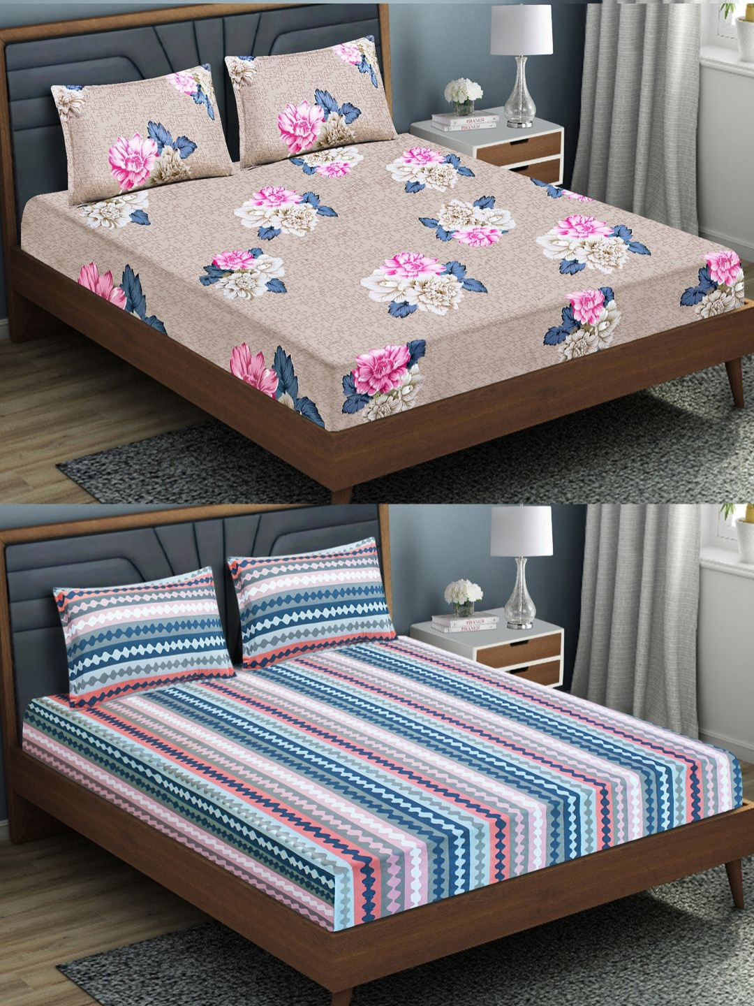 

Aura Brown & White Floral Microfiber 144 TC 2 Queen Fitted Bedsheets With 4 Pillow Covers