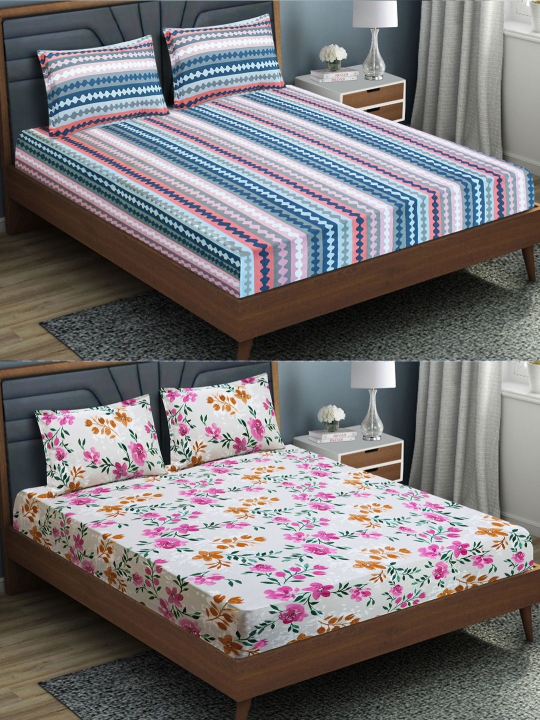 

Aura White & Blue Microfiber 144 TC 2 Queen Fitted Bedsheets With 4 Pillow Covers