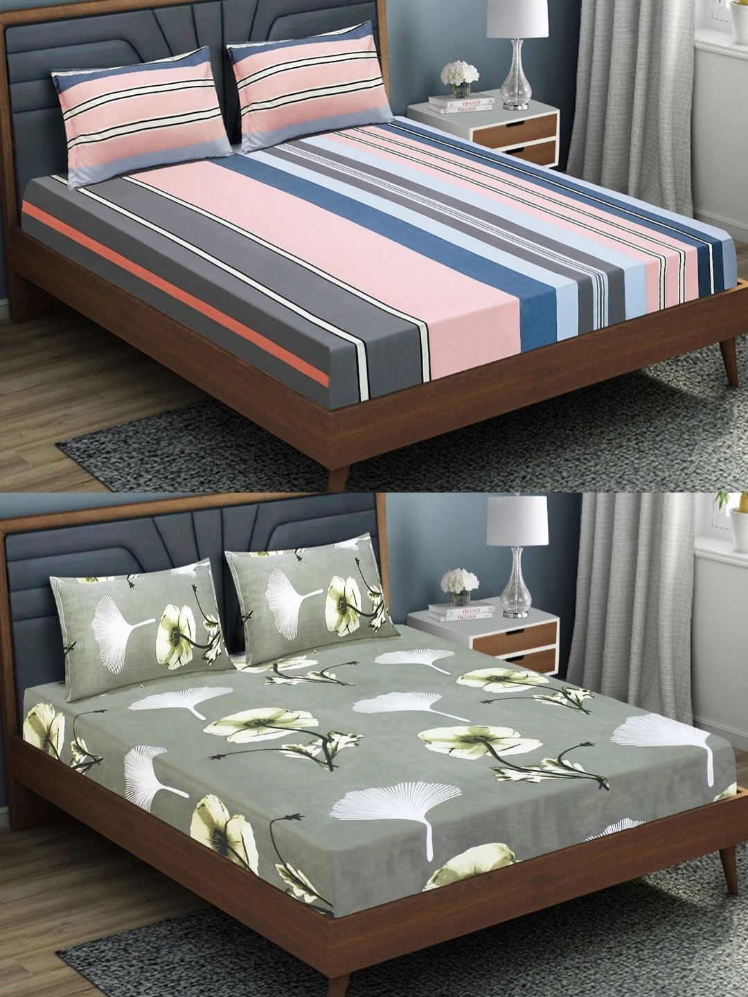 

Aura Grey & White 6 Pieces Floral 144 TC Microfiber Queen Bedsheet with 4 Pillow Covers