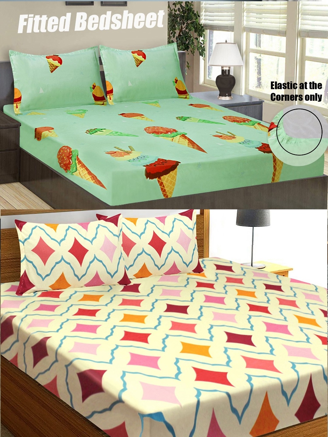 

Aura Blue & Green Geometric Fitted 144 TC Microfiber Queen Bedsheet with Pillow Covers