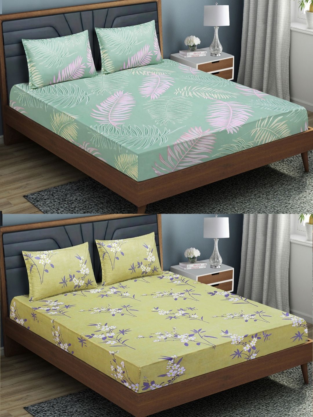 

Aura Yellow Floral Printed Microfiber 144 TC 2 Queen Fitted Bedsheets With 4 Pillow Covers