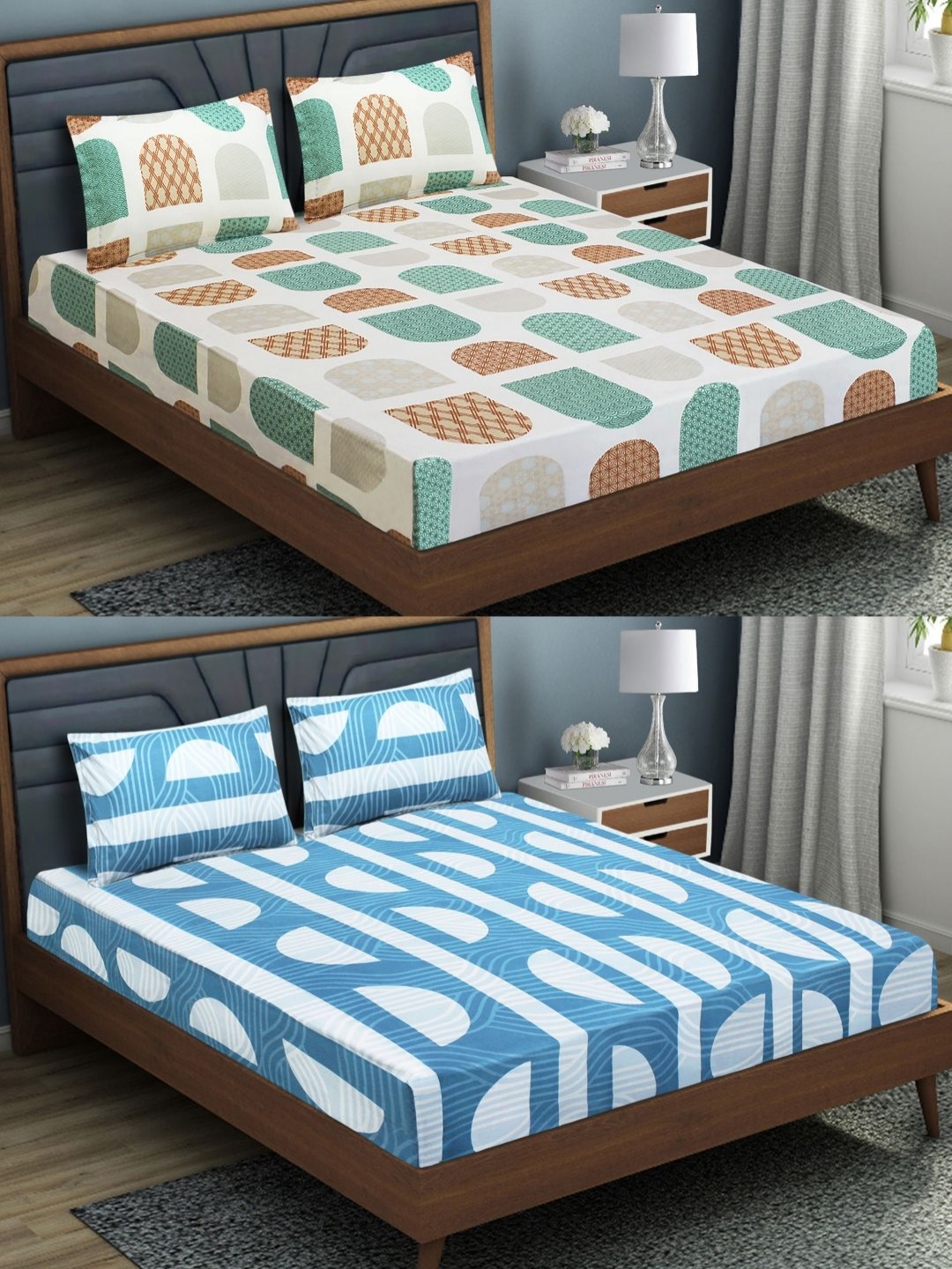 

Aura Blue 6 Pieces Geometric 144 TC Microfiber Fitted Queen Bedsheet & Pillow Covers