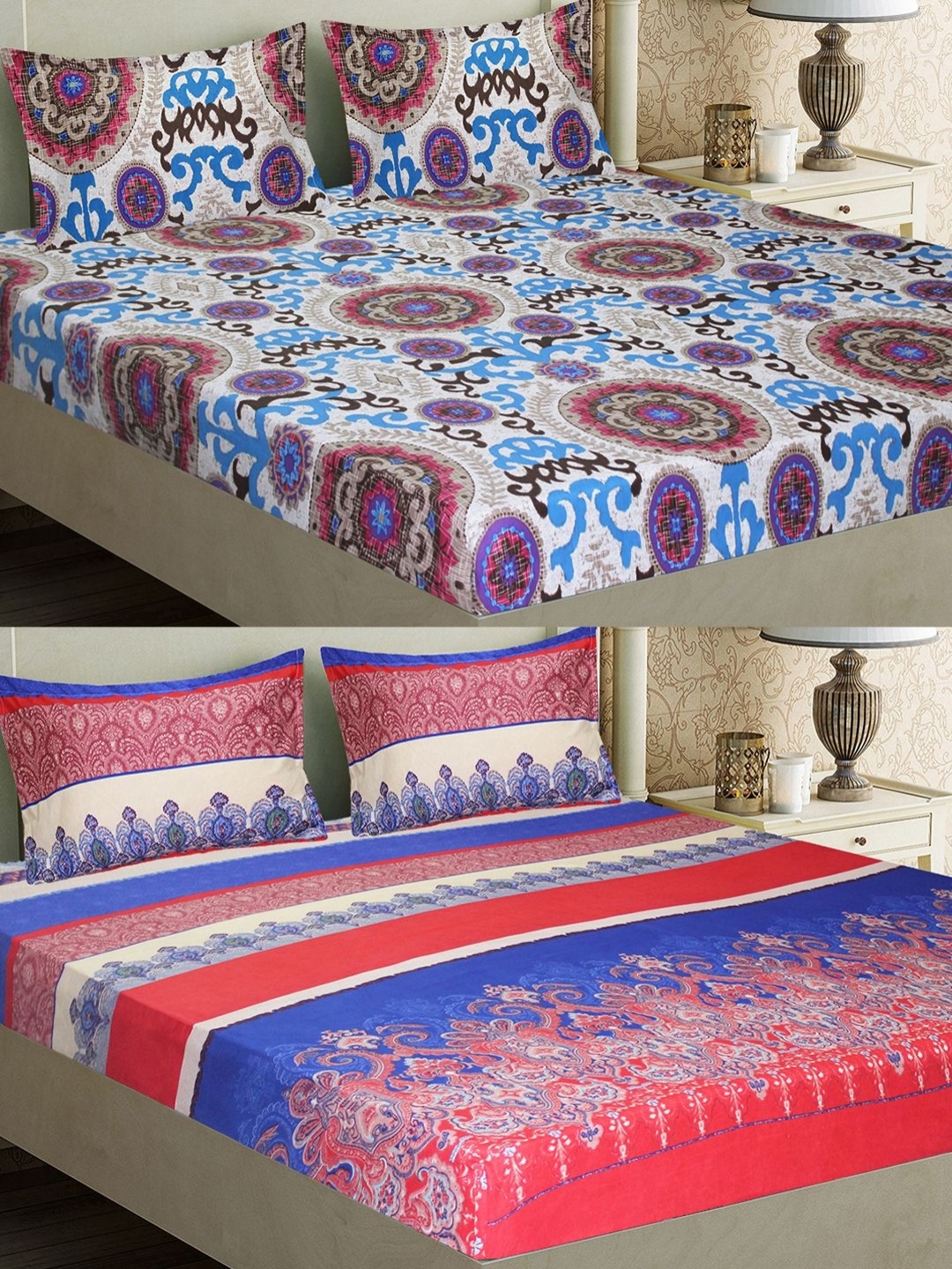 

Aura Pink & Blue 6 Pieces Floral Microfiber 144 TC Queen Bedsheet with Pillow Covers