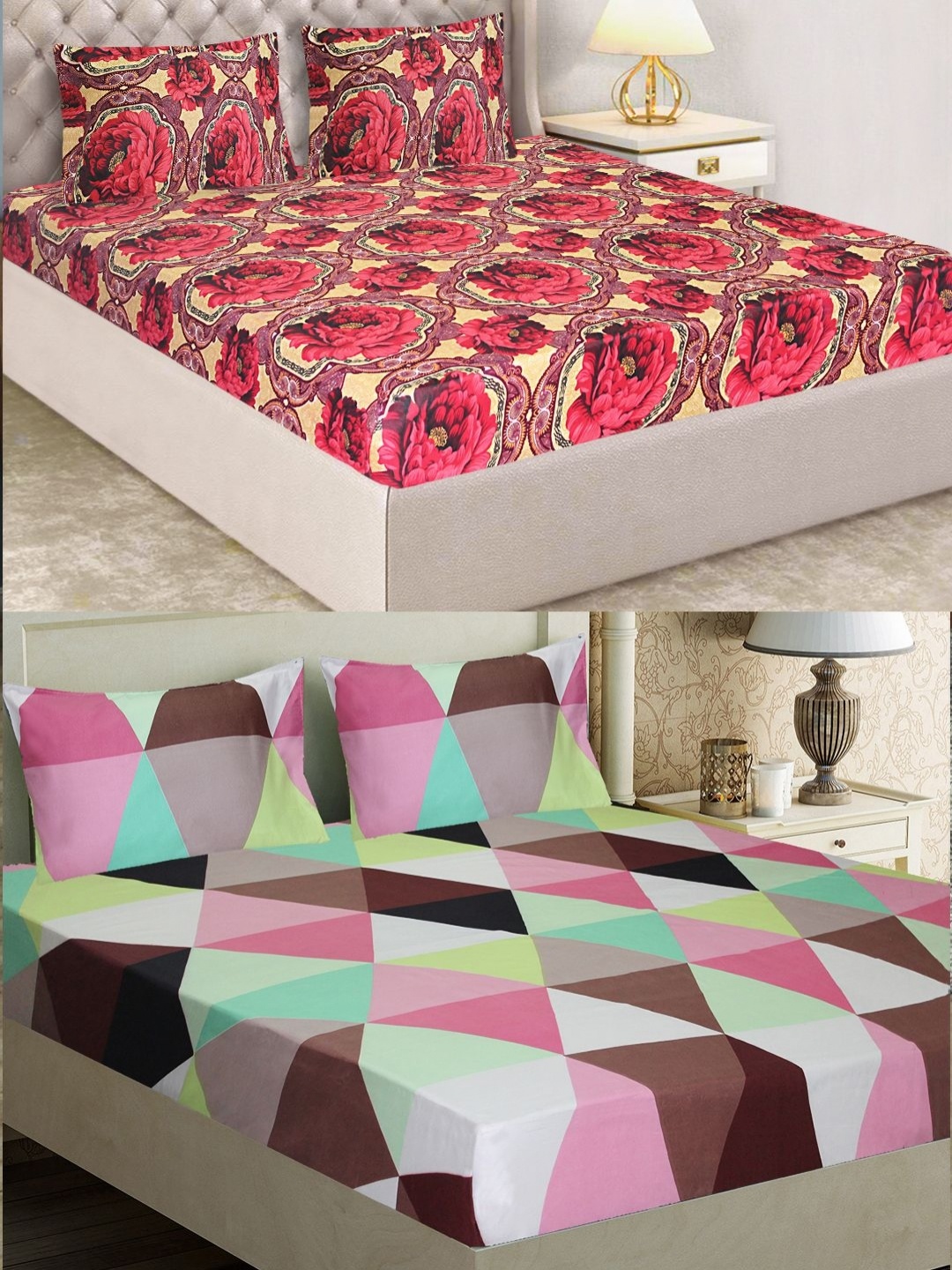 

Aura Red Floral Printed 144 TC Microfiber 2 Double Queen Bedsheet & 4 Pillow Covers