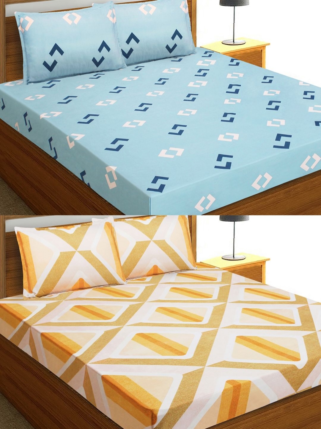 

Aura Yellow & Blue Geometric 144 TC 2 Queen Bedsheet with 4 Pillow Covers