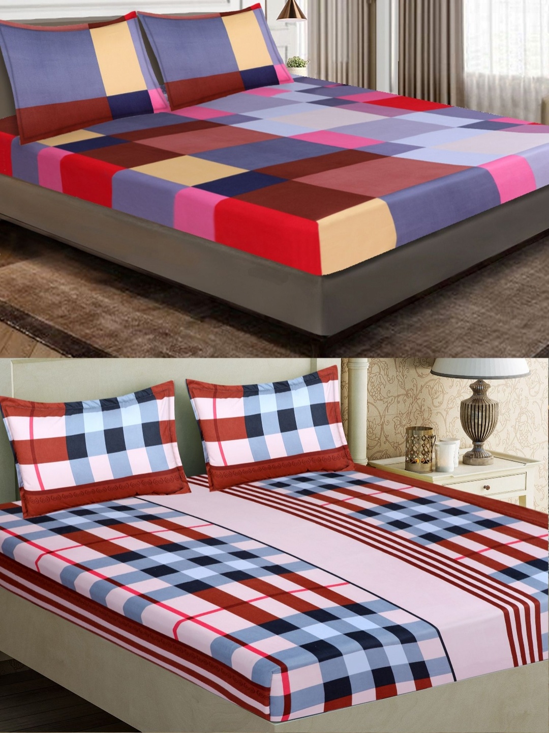 

Aura Red & Blue Geometric 160 TC 2 Queen Bedsheet with 4 Pillow Covers