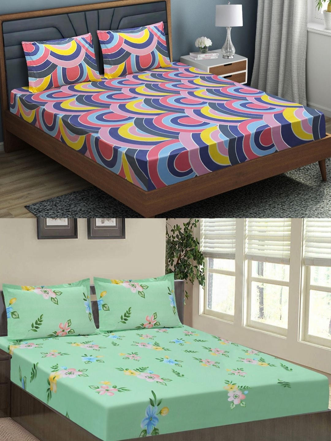 

Aura Green & Pink Floral 144 TC 2 Queen Bedsheet with 4 Pillow Covers