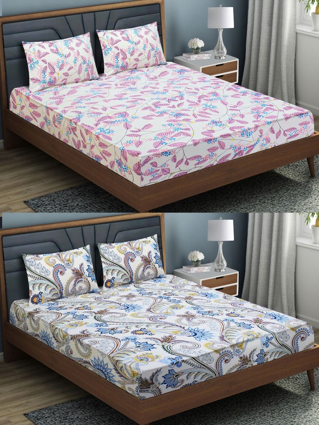 

Aura White Printed 144 TC Microfiber Fitted 2 Double Queen Bedsheet & 4 Pillow Covers