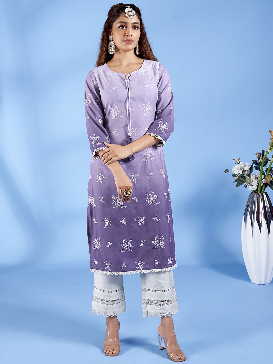 

IWUMAN Floral Embroidered Thread Work Tie-Up Neck Straight Kurta With Trousers, Purple