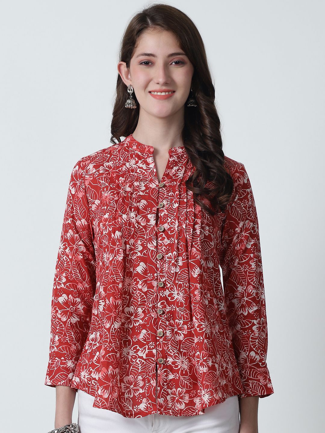 

Feel Clath Floral Print Mandarin Collar Organic Cotton Shirt Style Top, Red