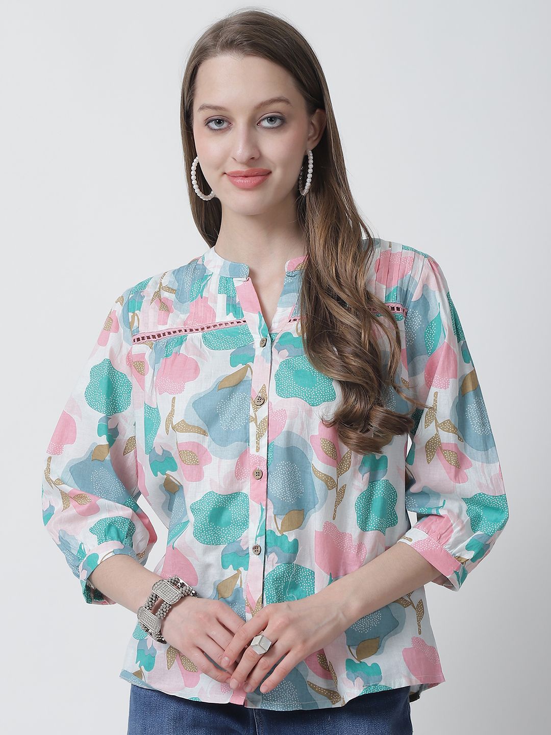 

Feel Clath Floral Print Mandarin Collar Organic Cotton Shirt Style Top, Pink