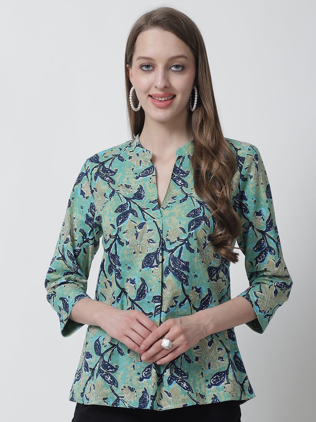 

Feel Clath Women Floral Print Mandarin Collar Organic Cotton Shirt Style Top, Turquoise blue