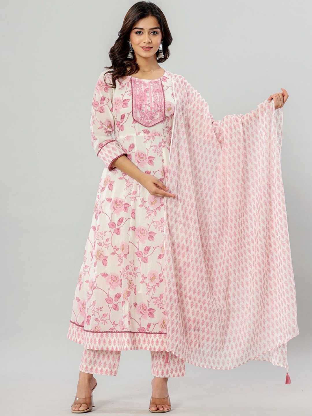 

JAIPUR ETHNIC Floral Printed Sequinned Pure Cotton AnarkaliKurta with Trousers & Dupatta, Pink