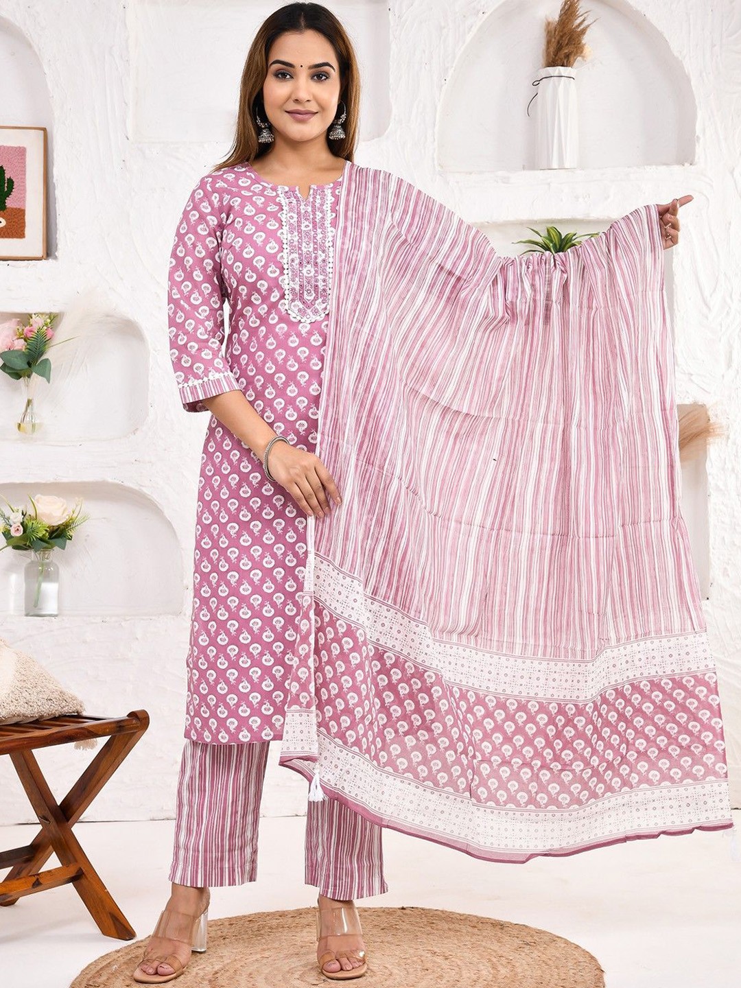

JAIPUR ETHNIC Ethnic Motifs Printed Pure Cotton Straight Kurta with Trousers & Dupatta, Pink