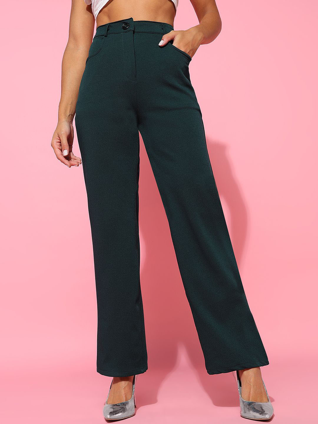 

BAESD Women Relaxed Straight Leg Straight Fit High-Rise Trousers, Green