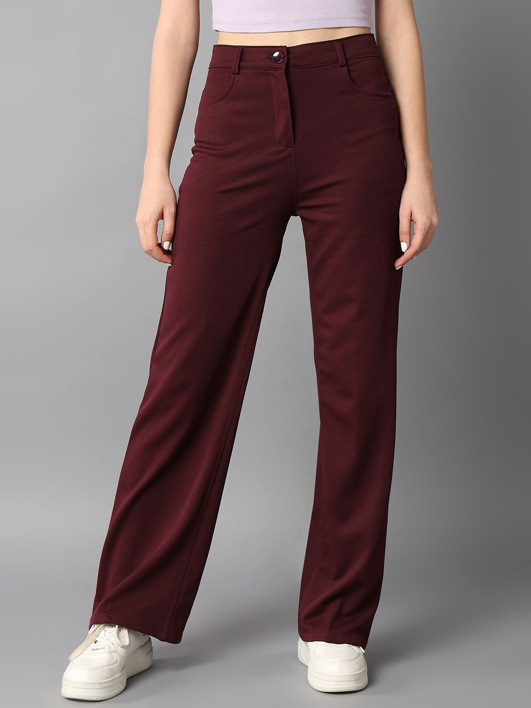 

BAESD Women Relaxed Straight Leg Straight Fit High-Rise Easy Wash Trousers, Burgundy