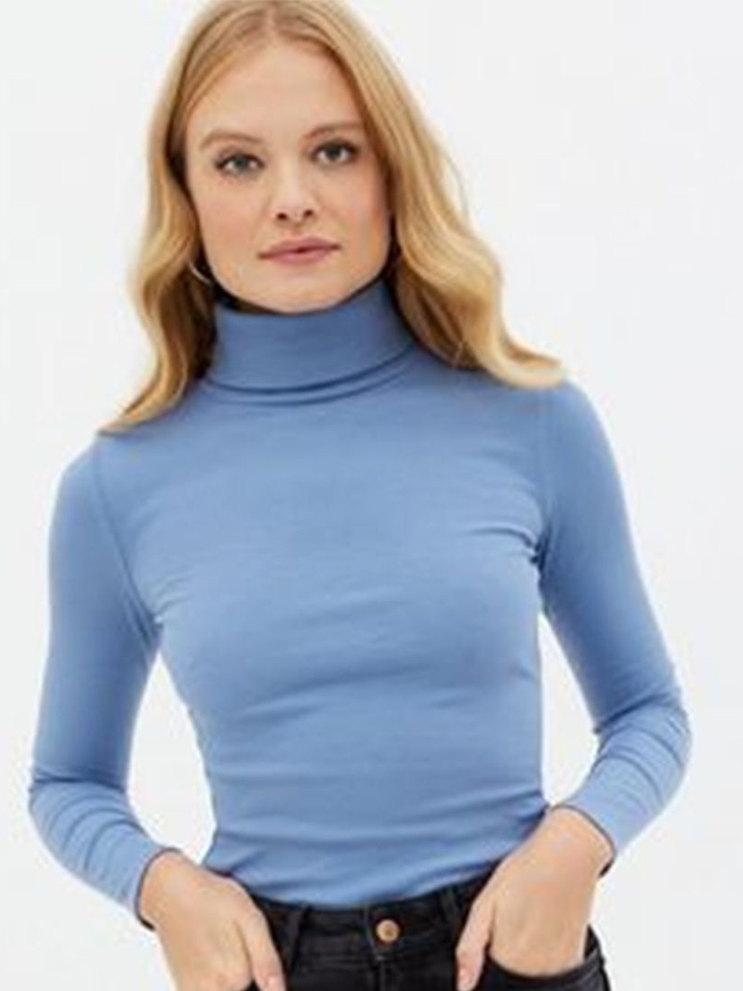 

TANDUL Women Solid Turtle Neck Cotton Pullover, Blue