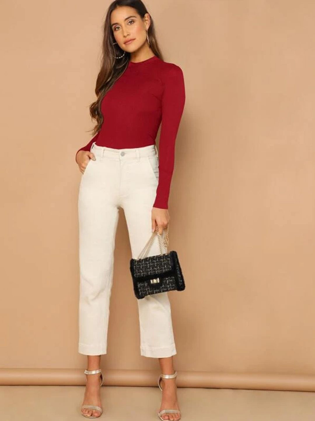 

TANDUL Women Solid Turtle Neck Cotton Pullover, Maroon