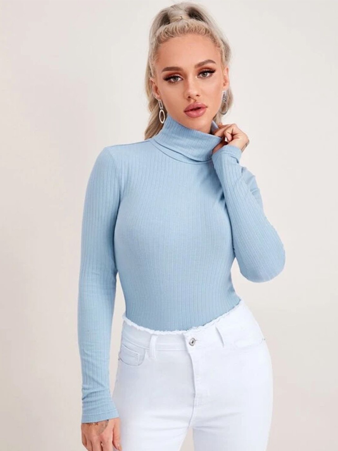 

TANDUL Women Solid Turtle Neck Cotton Pullover, Blue